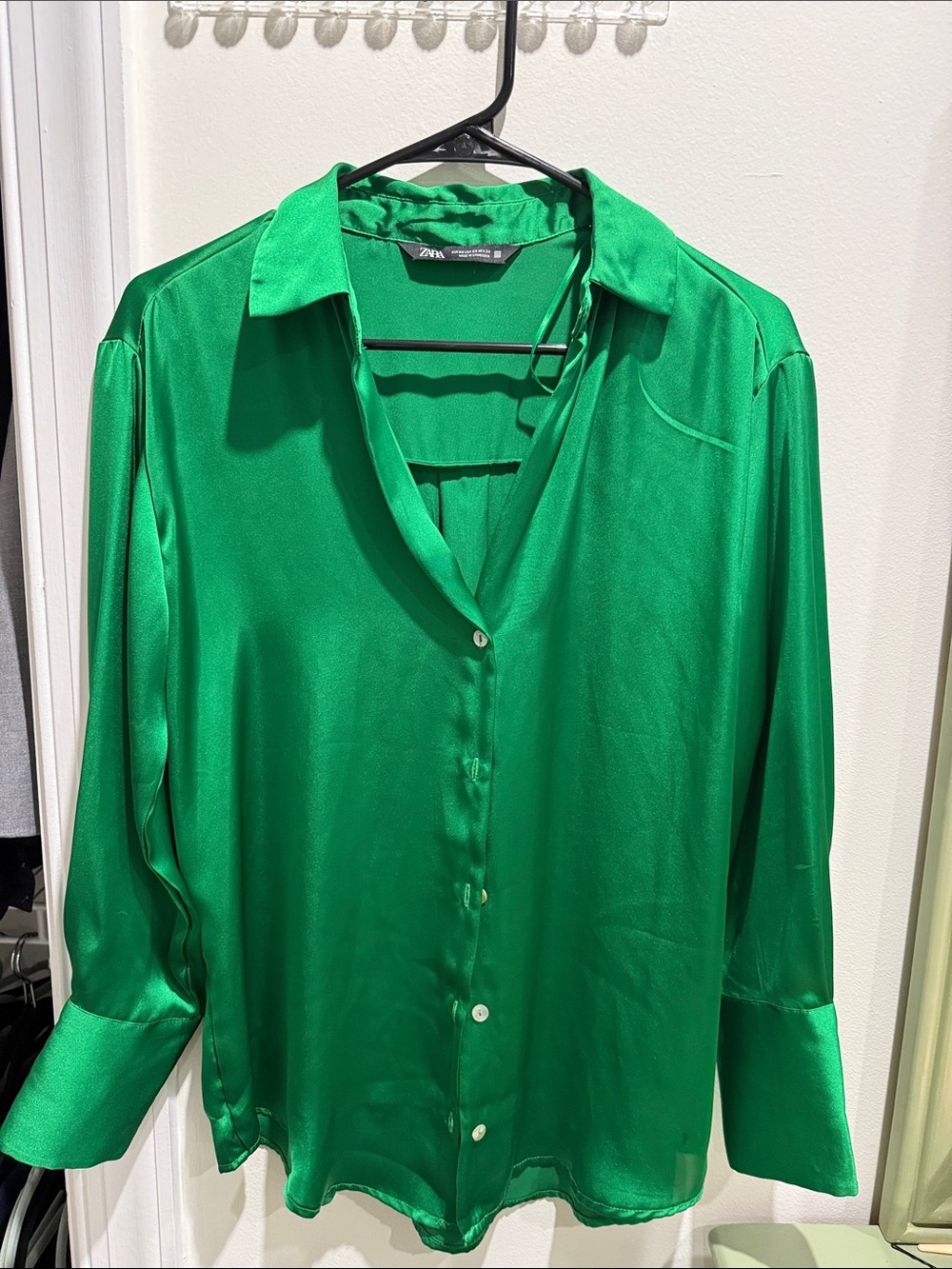 Zara Emerald Green Satin Button-Down Shirt